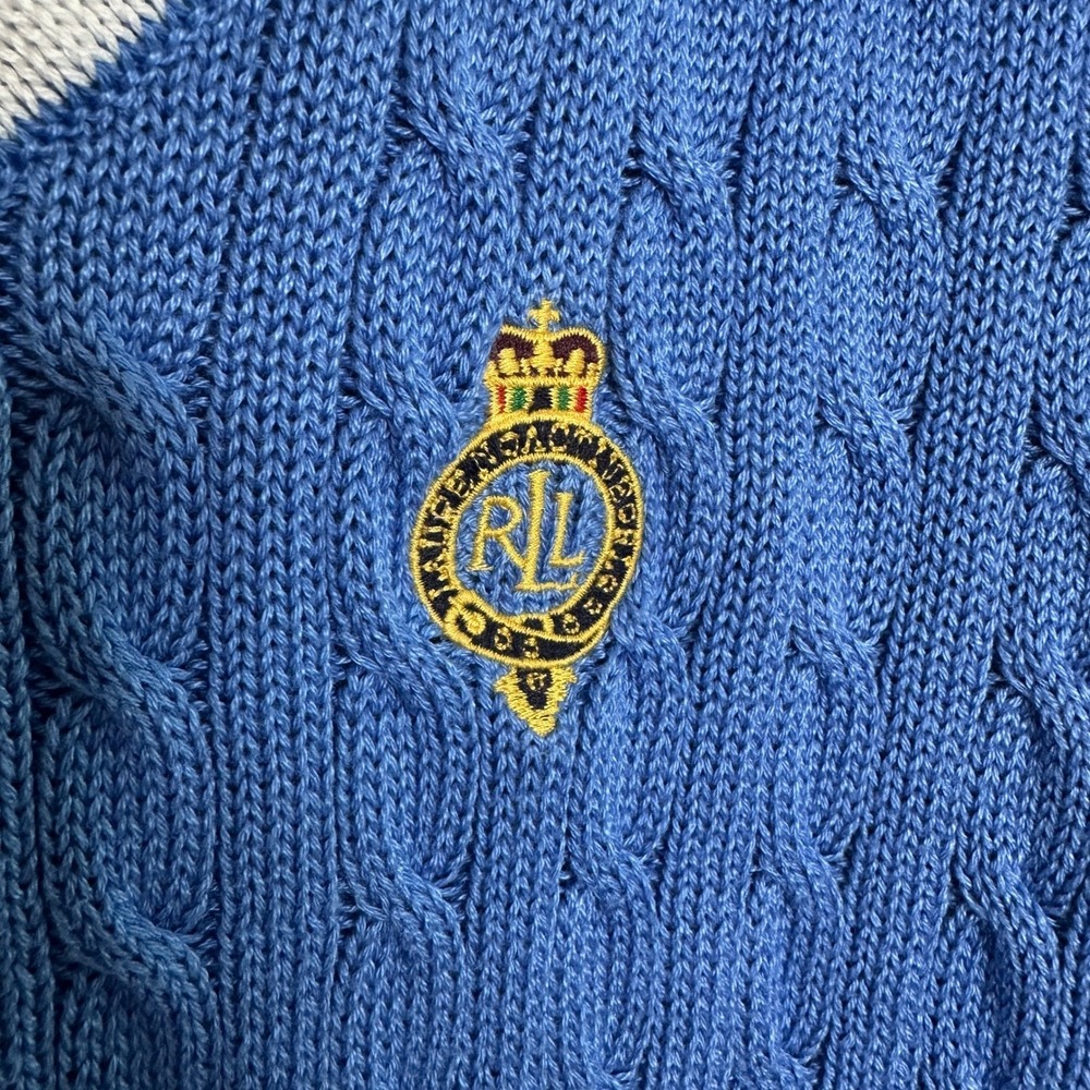 Vtg Ralph Lauren Active Blue Cable Knit V-Neck Crest Sweater Cotton Y2K Rugby L - Picture 5 of 9